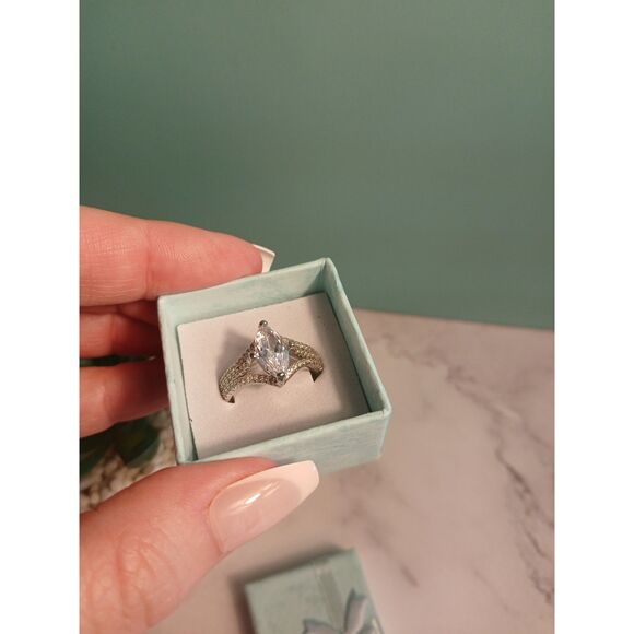 3Ct Marquise-Cut White Sapphire Halo Ring – Split Shank, 14K White Gold Plated - Picture 5 of 15